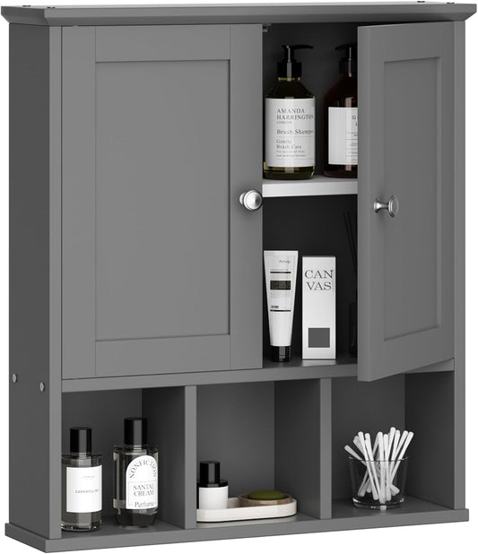 Shintenchi Bathroom Wall Cabinet with Door, Storage Organizer Over The Toilet Medicine, Space Saving with Adjustable & Open Shelf, Gray