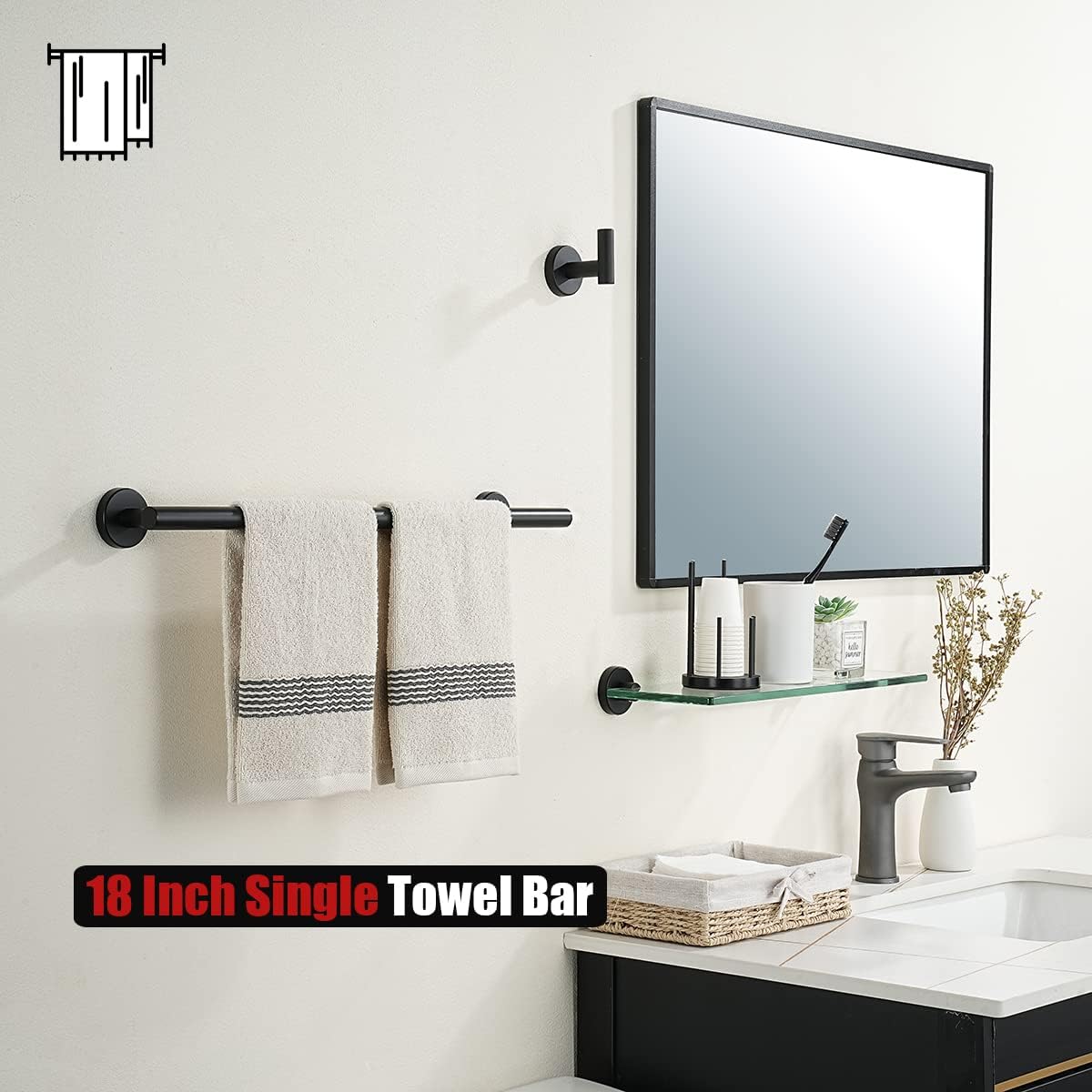 JQK Black Towel Bar, 20.5 Inch 304 Stainless Steel Thicken 0.8mm Towel Rack Bathroom, Towel Holder Matte Black Wall Mount, Useable Length 18 Inch, TB110L18-PB