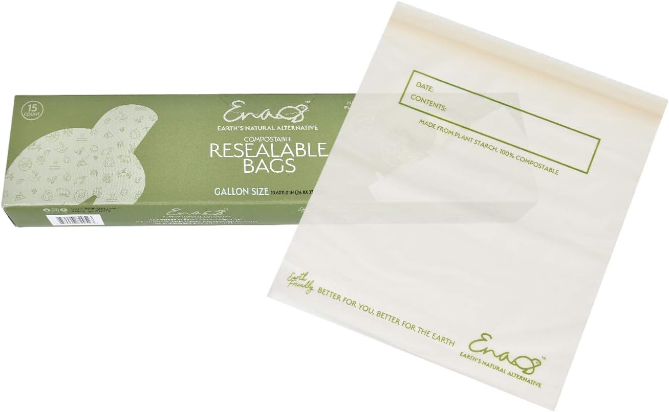 100% Compostable Food Storage Bags [Gallon 50 Pack] Eco-Friendly Freezer Bags, Resealable Bags, Heavy-Duty, Reusable, Off-White by Earth's Natural Alternative