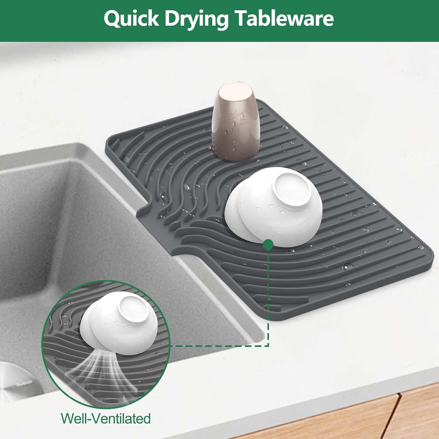 GUUKIN Silicone Dish Drying Mat,17.7" x 11.8 " Drying Matt Kitchen Counter, Non-Slip Drying Pad, Easy Clean Pad for Countertop Protection, Multi-Functional Use, Not applicable Bumps up sink (Grey)