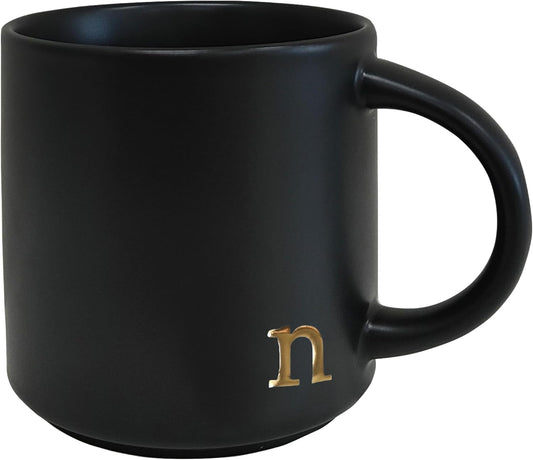 COLLECTIVE HOME - Black Monogram Ceramic Mugs, 15 oz Golden Initial Coffee Cups, Elegant Alphabet Tea Mugs, Personalized Halloween Mug with Gift Box, Perfect for Office and Home Décor (n)