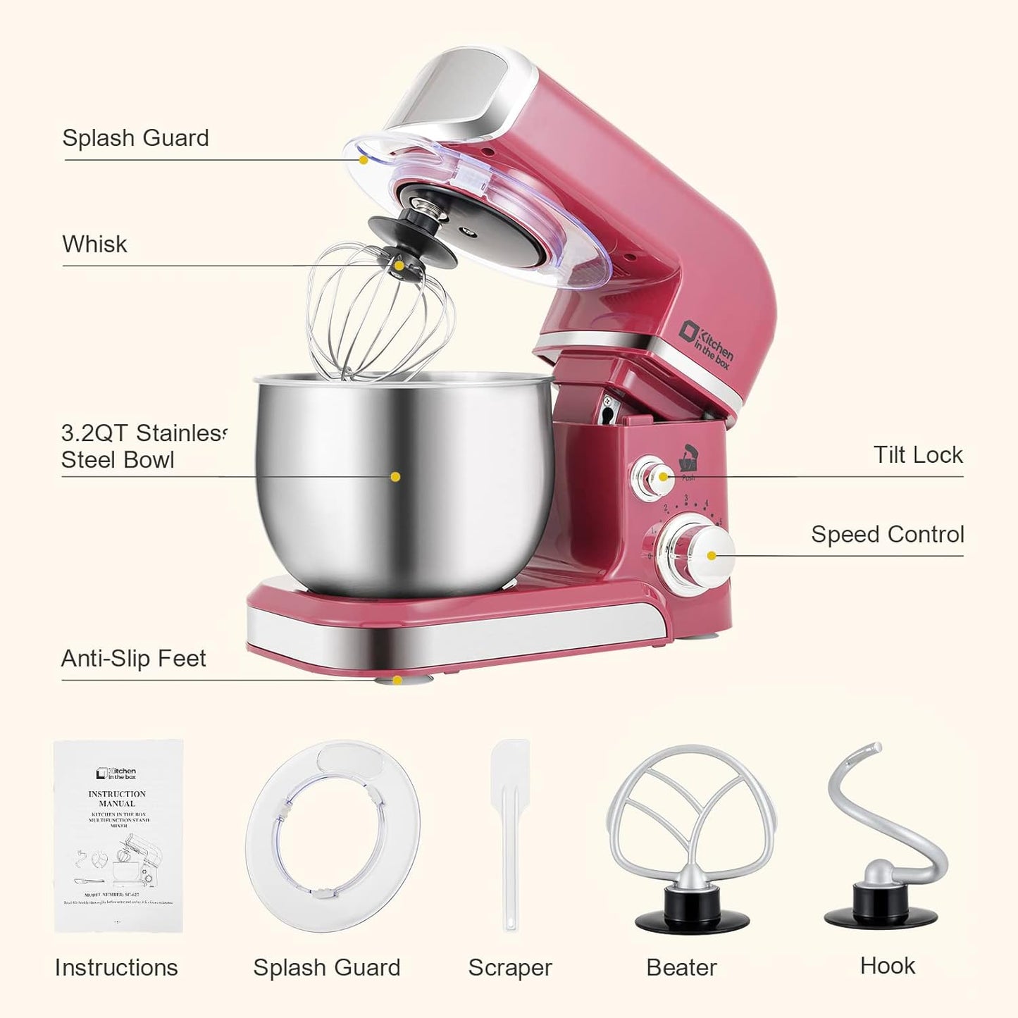 Kitchen in the box Stand Mixer,3.2Qt Small Electric Food Mixer,6 Speeds Portable Lightweight Kitchen Mixer for Daily Use with Egg Whisk,Dough Hook,Flat Beater (Purplish-red)
