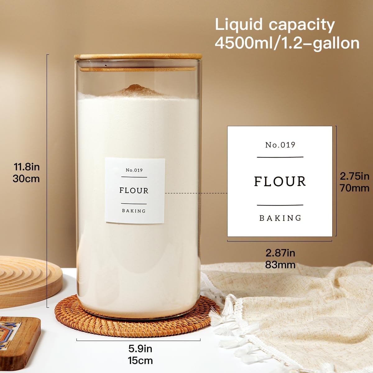 1.2 Gallon Large Glass Grain Storage Container With Airtight Bamboo Lid - Kitchen Glass Storage Jars With 42 Pantry Labels - Thicken Big Clear Rice and Flour Containers For Your Pantry