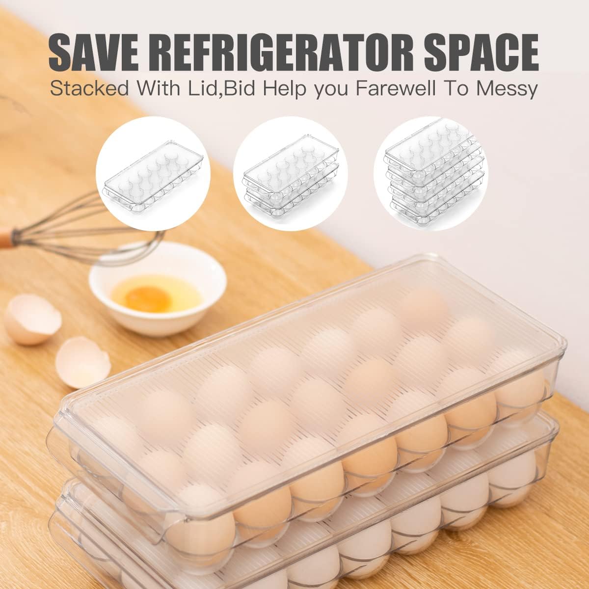 cutesun Egg Holder for Fridge, egg organizer for refrigerator, Egg Tray for Refrigerator with Lid, Plastic Container for Refrigerator Bins Holds 21 Eggs (1 Pack, 21)