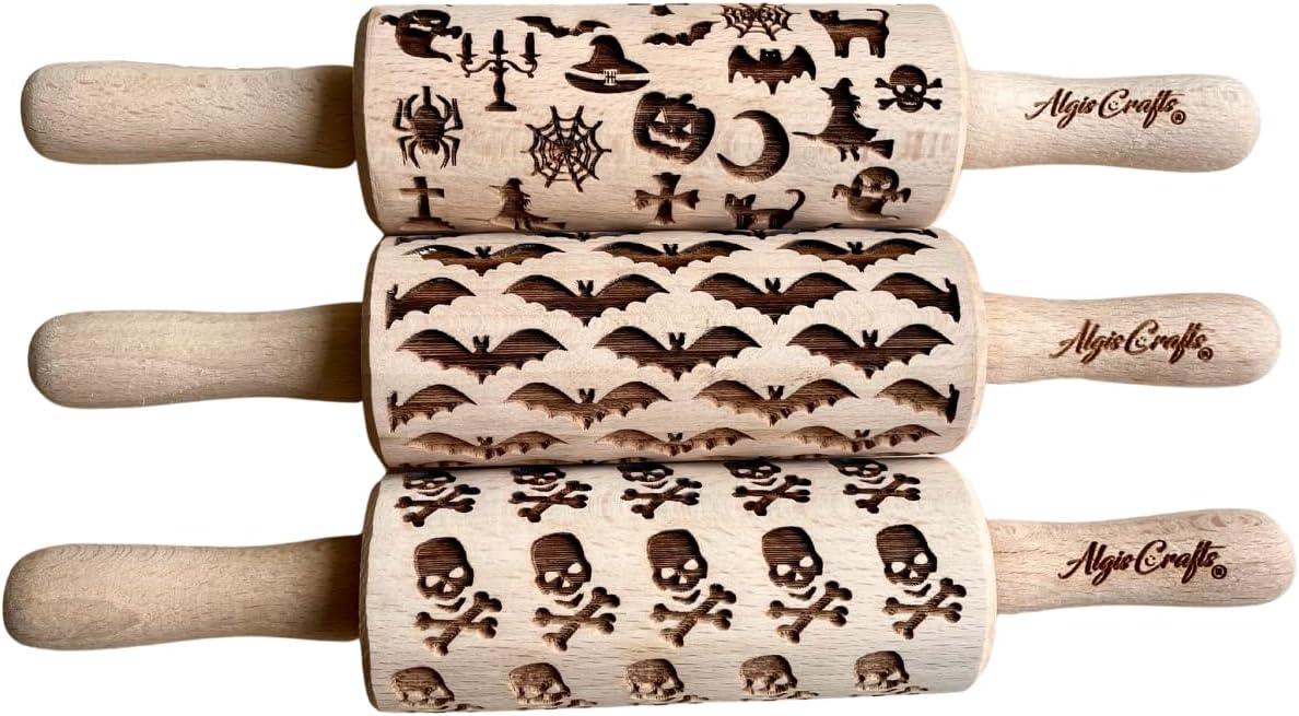 HALLOWEEN 3 Mini Embossed Rolling Pin Set. Wooden Laser Engraved Textured rolling pins for Cookies, Modeline, Ceramic with Skulls, Bats, Halloween by Algis Crafts