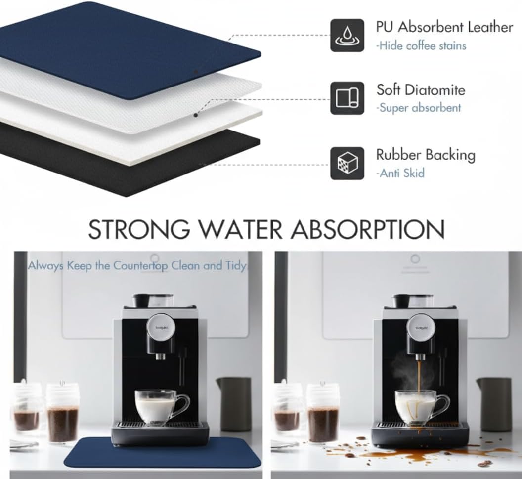 Dish Drying Mat Super Absorbent – 12" x 18" Coffee Mat for Countertops – Non-Slip Drying Mat for Kitchen Counter – Easy to Clean Water Absorbent Mat – Quick Dry Dish Drying Mats (Navy Blue)