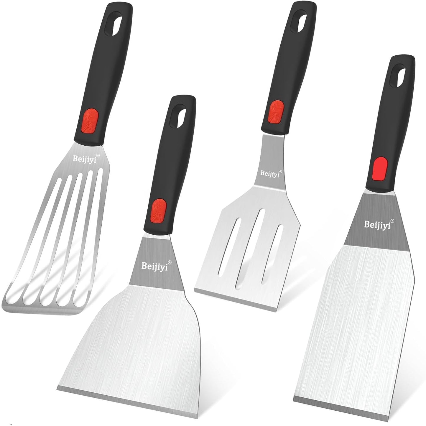 Beijiyi Stainless Steel Spatula Set, 4 Pack Small Metal Turner Spatulas for Kitchen Use, Cooking Utensils with Silicone Handle, Flipper Spatula for Fish, Egg, Smash Burger and Cookie Serving
