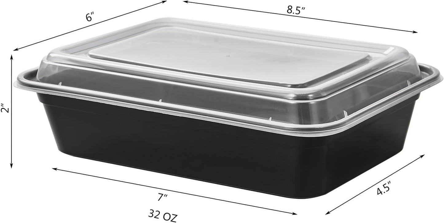FULING 32 oz 150Pack Plastic Meal Prep Food Storage Containers with Lids Reusable 1 Compartment To Go Lunch Box Black Extra Large &Thick Microwave Freezer Dishwasher Safe BPA Free Stackable
