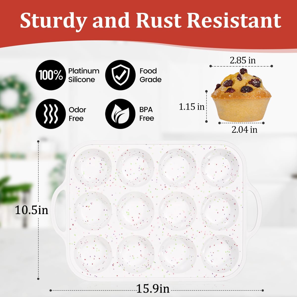 Silicone Muffin Pan with Metal Frame, Metal Reinforced Frame Regular Size Cupcake Pan with Handle 12 Cups Nonstick Muffin Pan for Baking BPA Free 2 Pack