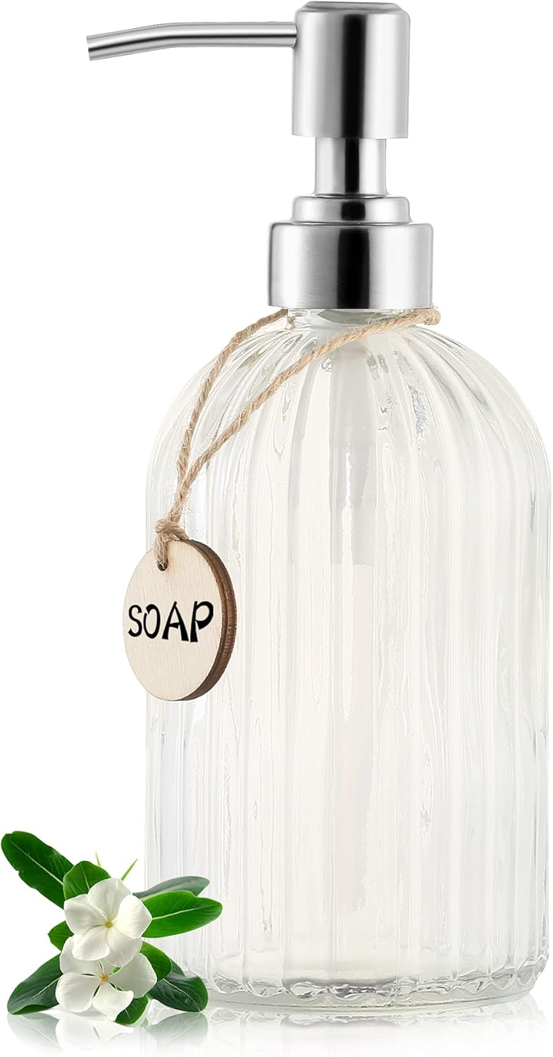 16 OZ Soap Dispenser，Tempered Glass Clear Vertical Stripe with 304 Rust Proof Stainless Steel Pump Refillable Liquid Hand Soap Dispenser，for Bathroom, Kitchen, Dish Soap，Lotion (Clear)