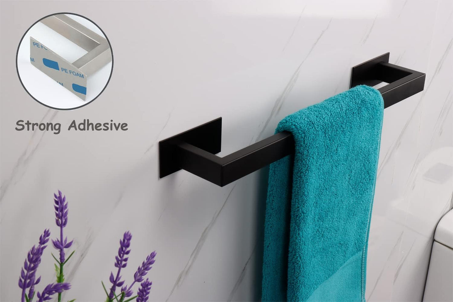 Bathroom Towel Bar Self Adhesive, No Drilling Towel Rack Easy to Install, Hand Towel Holder Made of Premium Stainless Steel Sticky on Hand Towel Hanger for Kitchen, Toilet.(17.7IN, Black)