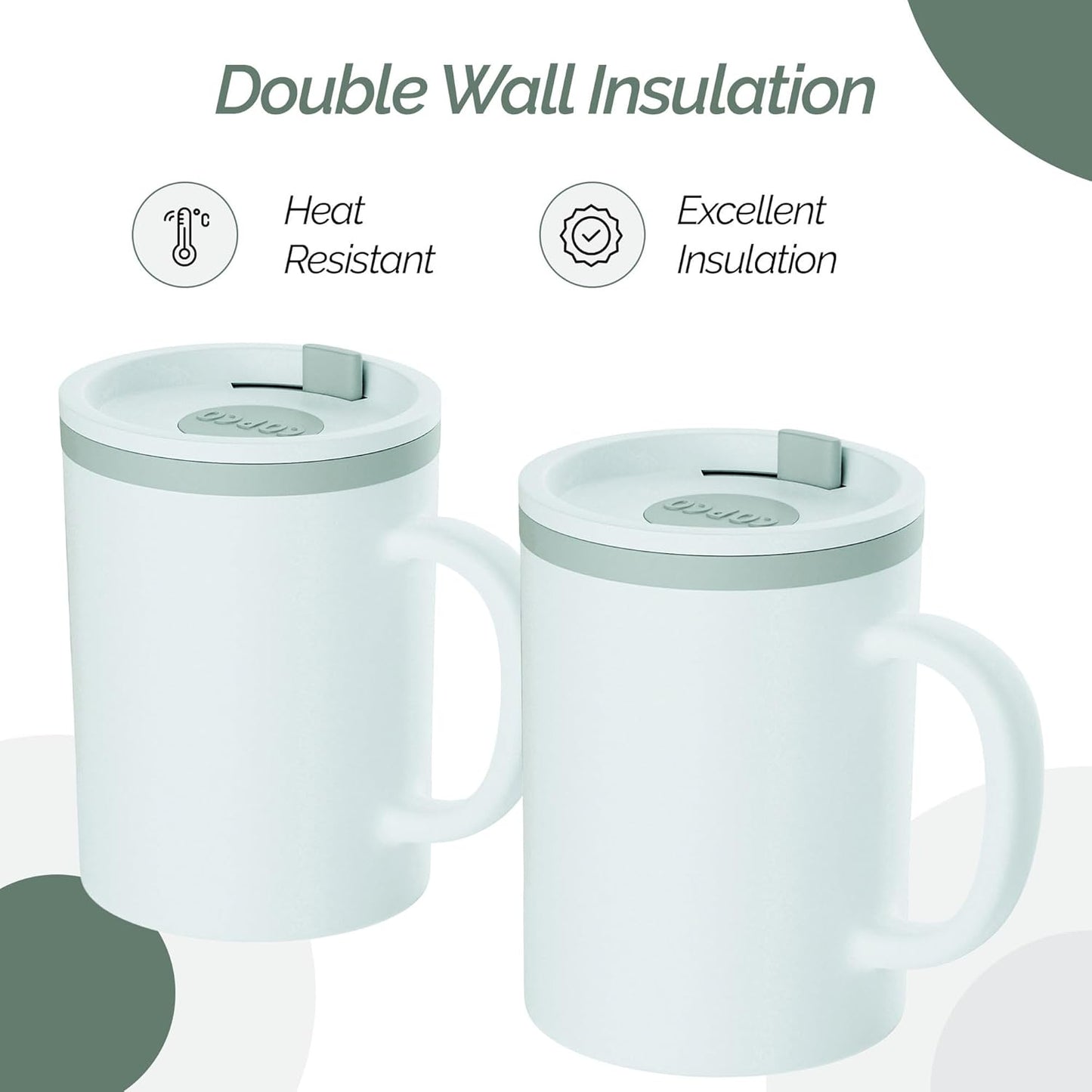 Copco Iconic 16oz Double Wall Insulated Desk Mug with Lid & Handle, Set of 2, BPA-Free Reusable Plastic, Spill-Proof, Microwave & Dishwasher Safe, Wide Mouth, Cup Holder Friendly (Grey)