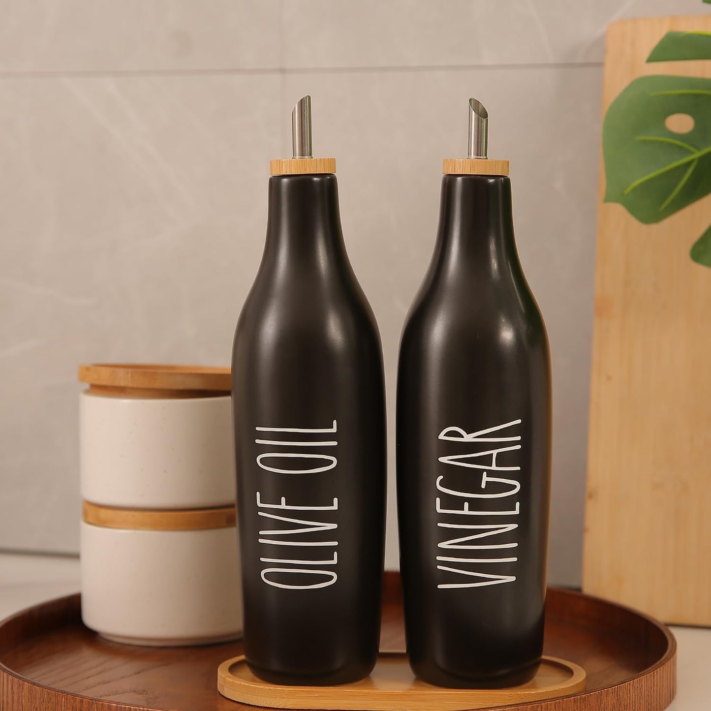 HOMCDALY Olive Oil and Vinegar Dispenser Set, Ceramic Oil and Vinegar Bottles with Bamboo Tray, 16.9oz Kitchen Cruet - Set of 2 - Black