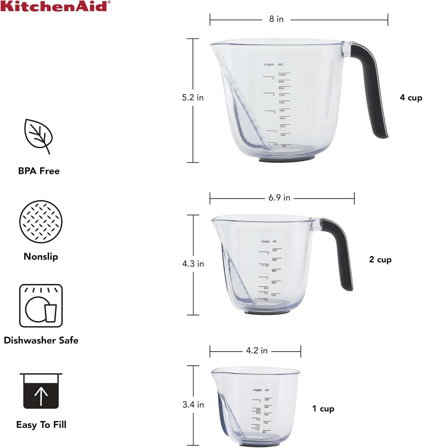 KitchenAid Universal Easy View Angled Measuring Cups, Set Of 3, Clear with Black Handles