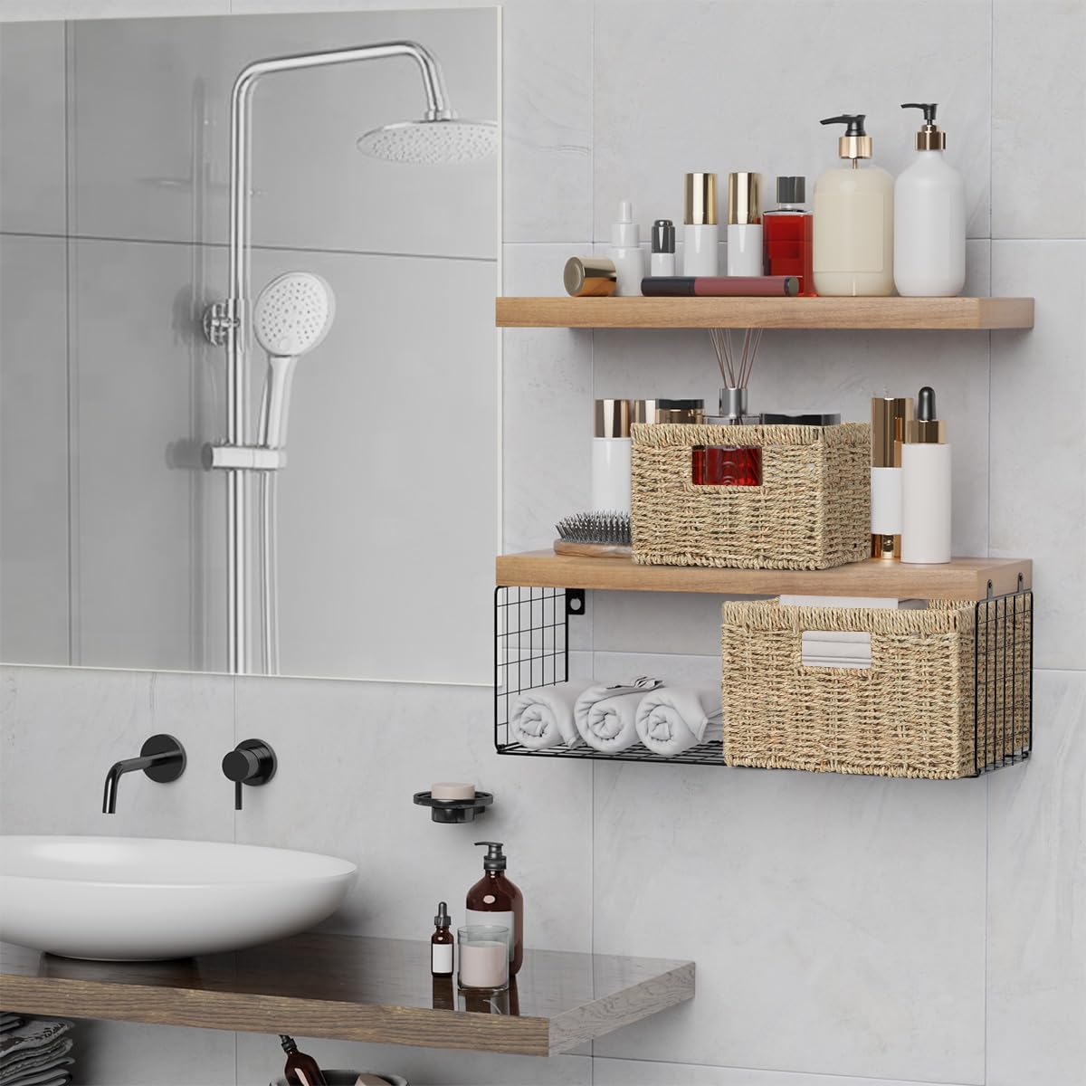 Wicker Storage Basket, Rectangular Seagrass Baskets with Handles, Handwoven Decorative Wicker Basket for Shelves, Bedroom, Set of 2, Large and Small (Natural Seagrass)