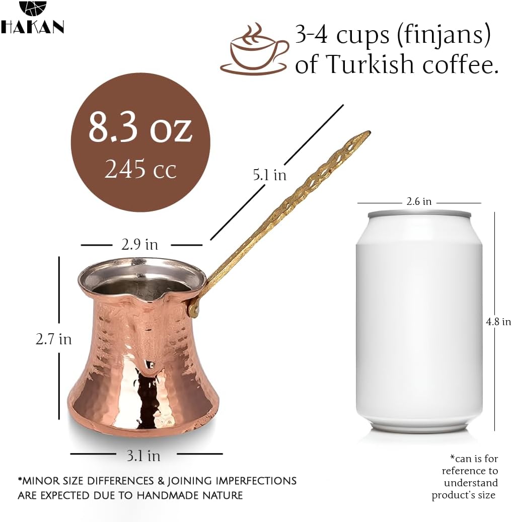 Hakan Turkish Coffee Pot | Stove Top Water Boiler, Coffee Maker, Butter, Chocolate & Milk Warmer | Even and Quick Heat with Handcrafted Copper Material | Coffee Gifts Idea, 8.3 Oz (245 cc)