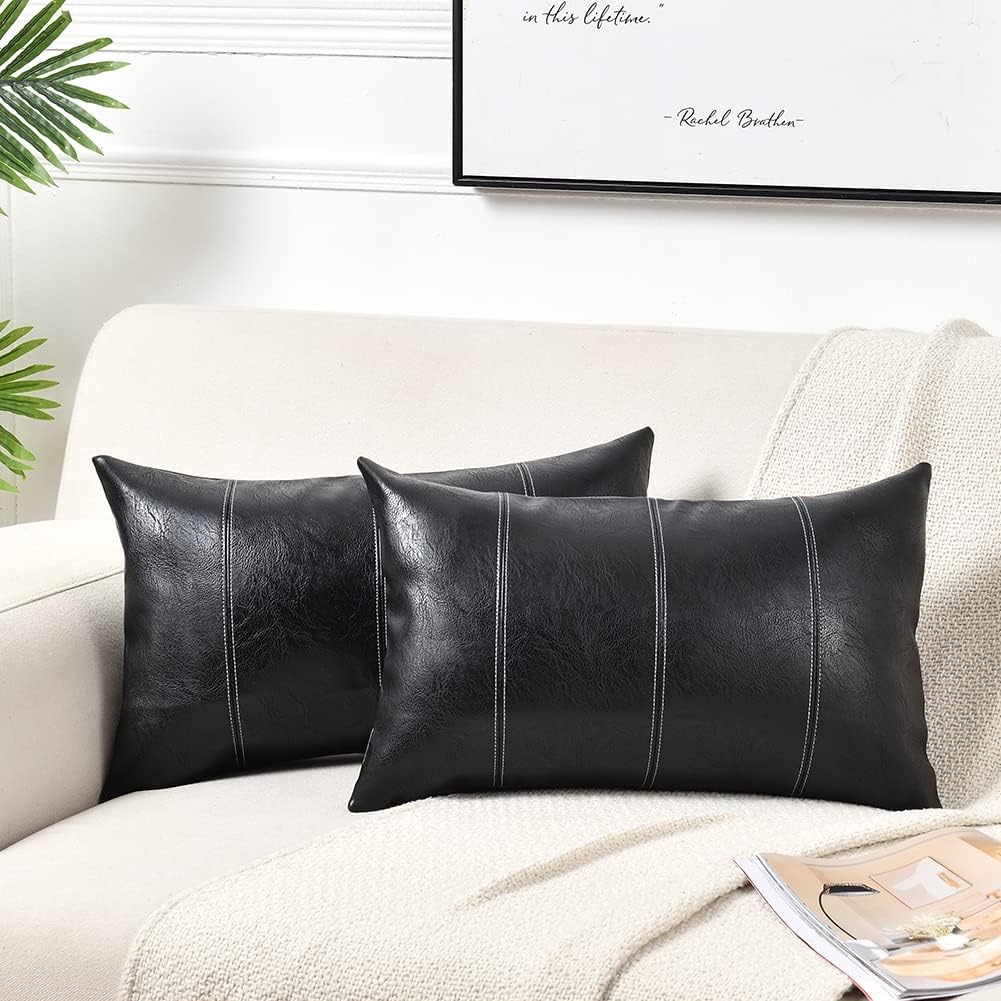 Fancy Homi Black Long Lumbar Faux Leather Decorative Throw Pillow Covers 14x24 Inch for Living Room Couch Bed Sofa, Boho Farmhouse Home Decor, Hand Stitched Rectangle Cushion Case 35x60 cm
