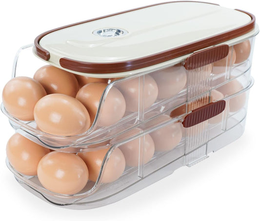 Egg Holder for Fridge, Automatic Rolling Egg Organizer for Refrigerator, Clear Plastic Egg Container & Tray, Stackable Dispenser and Storage Bin For Organizers and Storage -2 Layer