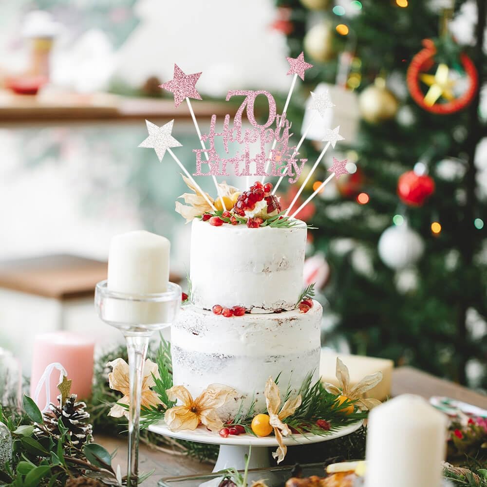 Glittery 70th Happy Birthday Cake Topper with Star,Personalised 70 Birthday Cake Toppers Party Decorations Party Supplies for Men Women Rose Gold