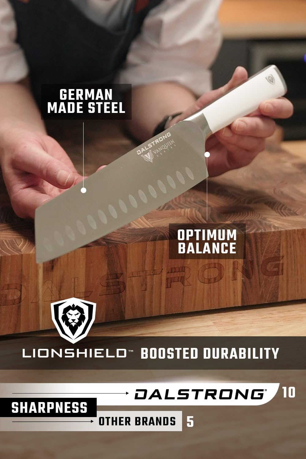 Dalstrong Knife Block Set - 8 Piece - Vanquish Series - Forged High Carbon German Steel - Kitchen Knife Set - Premium Wood Block - White POM Handle - NSF Certified