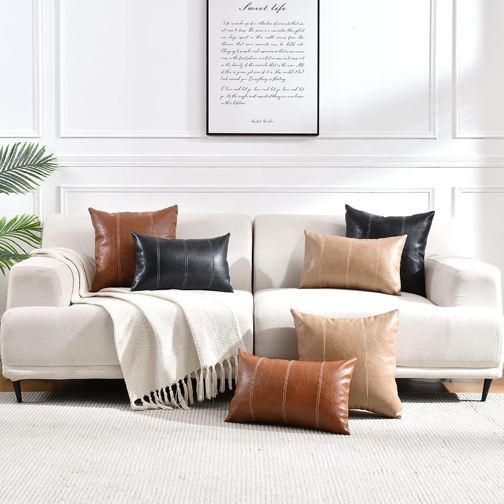 Fancy Homi Tan Long Lumbar Waterproof Faux Leather Decorative Throw Pillow Covers 16x24 Inch for Living Room Couch Bed, Beige Hand Stitched Cushion Case 40x60 cm, Taupe Modern Farmhouse Home Decor