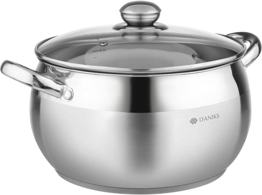 Daniks Classic Stainless Steel Stock Pot with Glass Lid – Induction 6 Quart, Dishwasher Safe, Measuring Scale, For Soup, Pasta, Stew, Silver