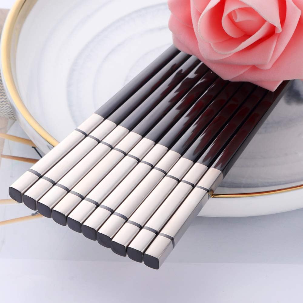 Buyer Star 5-Pair Black Stainless Steel Chopsticks - Metal Reusable Chinese Square Chopsticks
