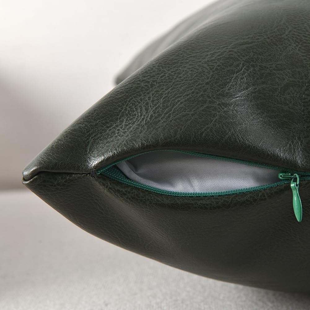 Fancy Homi Dark Green Long Lumbar Faux Leather Decorative Throw Pillow Covers 14x24 Inch for Living Room Couch Bed, Modern Farmhouse Boho Home Decor, Olive Green Hand Stitched Cushion Case 35x60 cm