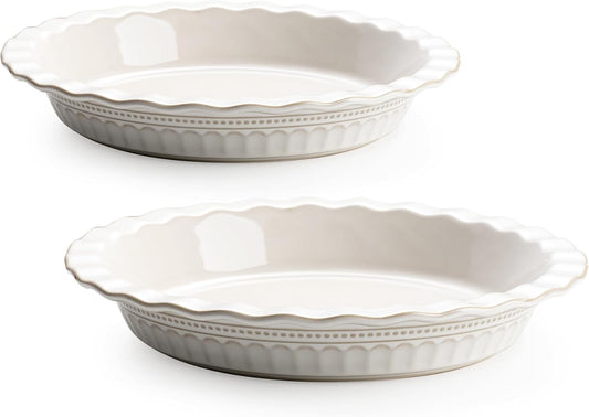 Ceramic Pie Pan for Baking, 9 inch Pie Pans Set of 2, Round Pie Dish for Dessert Kitchen, Farmhouse Vintage Color Pie Plate, Oven & Dishwasher Safe, Off-White