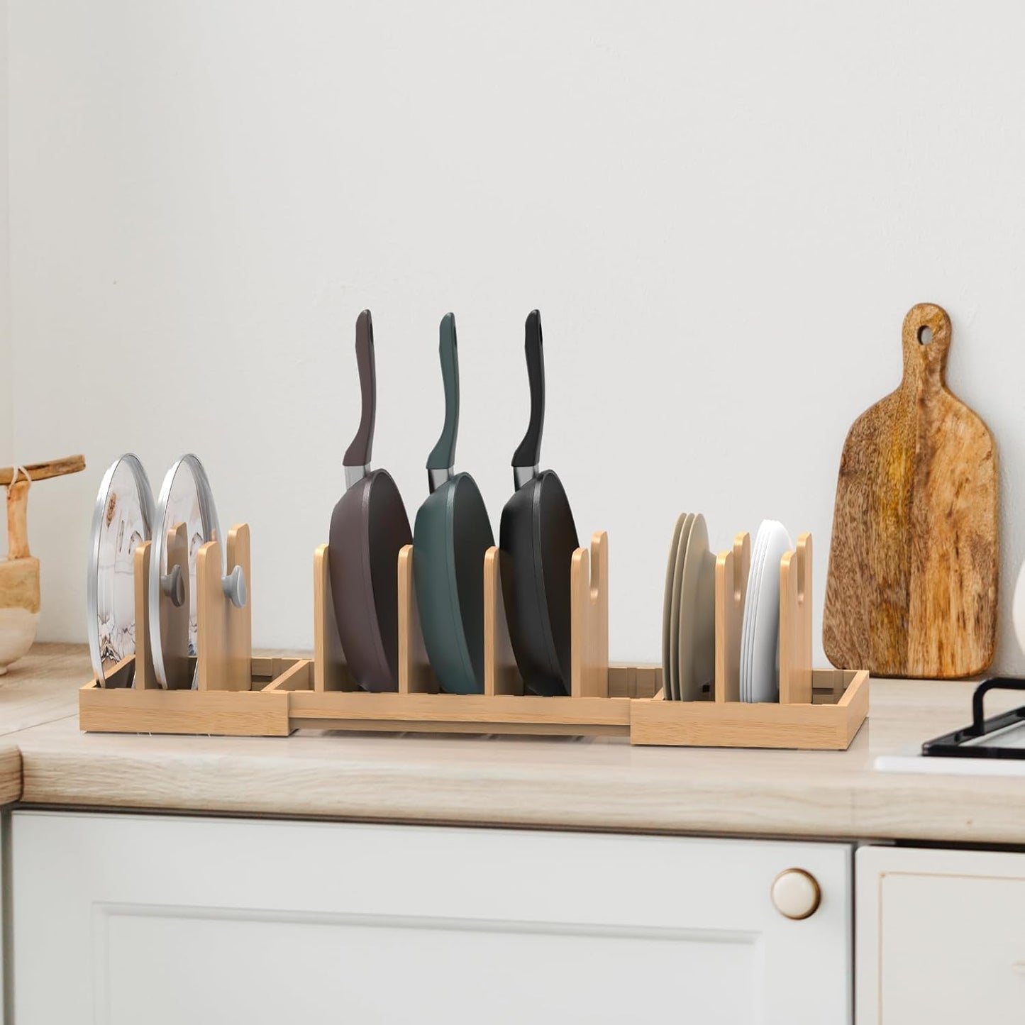 Expandable Pot Lid Organizer with 8 Removable Dividers, Bamboo Pot and Pan Organizer for Kitchen Counter or Cabinet