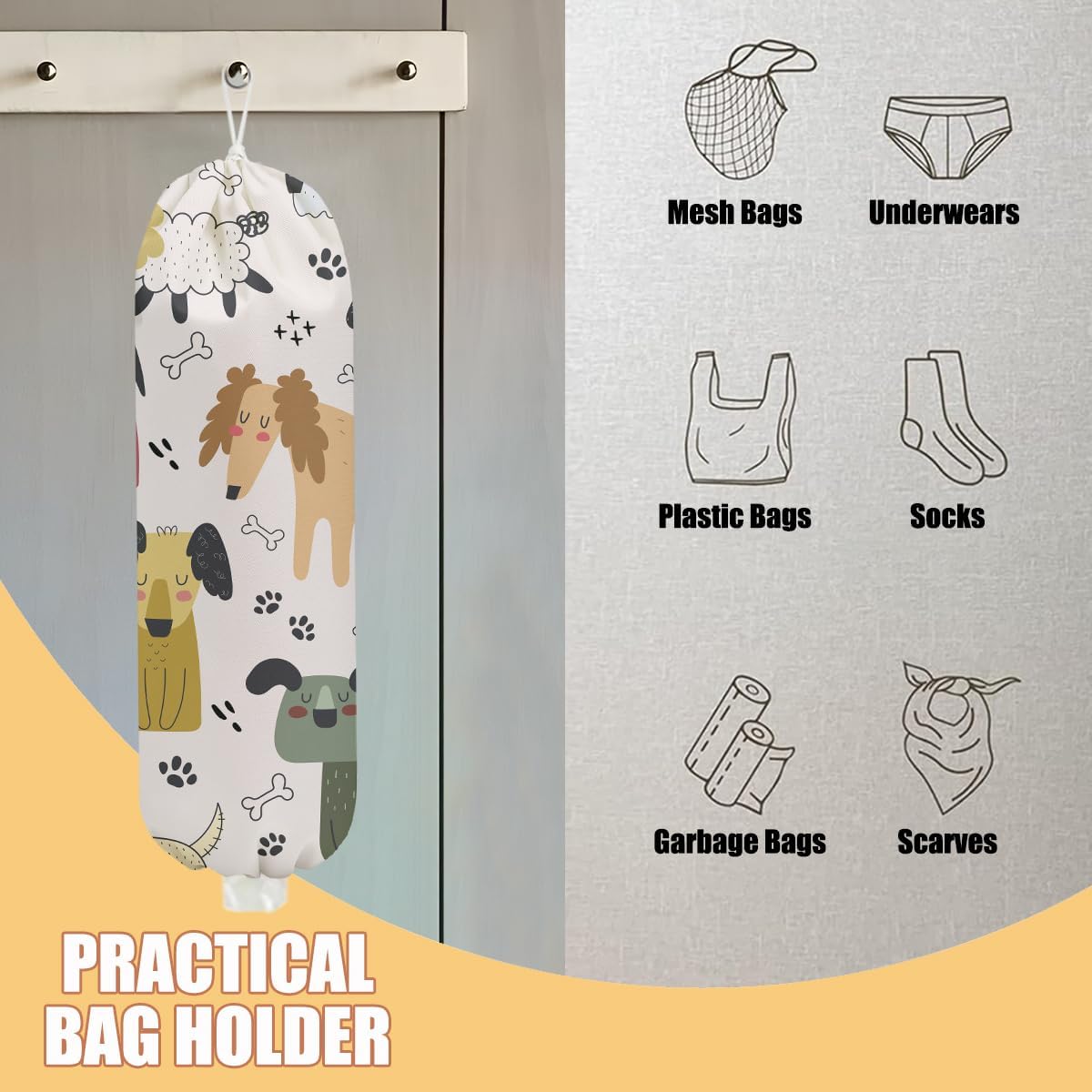 Dog Plastic Bag Holder, Wall Mount Grocery Bag Holder, Plastic Storage bag, Pull Rope Free Adjustment, Plastic Bag Holders for Grocery Bags, Plastic Bag Dispenser for Pantry Kitchen, Dog Lover Gifts