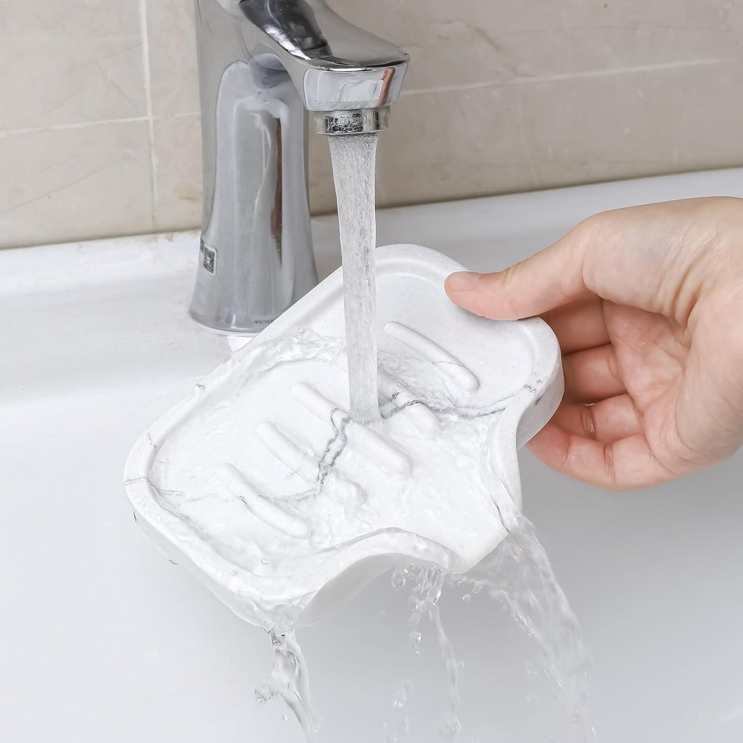 Self Draining Soap Dish- 2 Pcs Bar Soap Holder for Shower, Marble Look Large Soap Savers Soap Tray Sponge Holder for Kitchen Bathroom Bathtub Sink, White