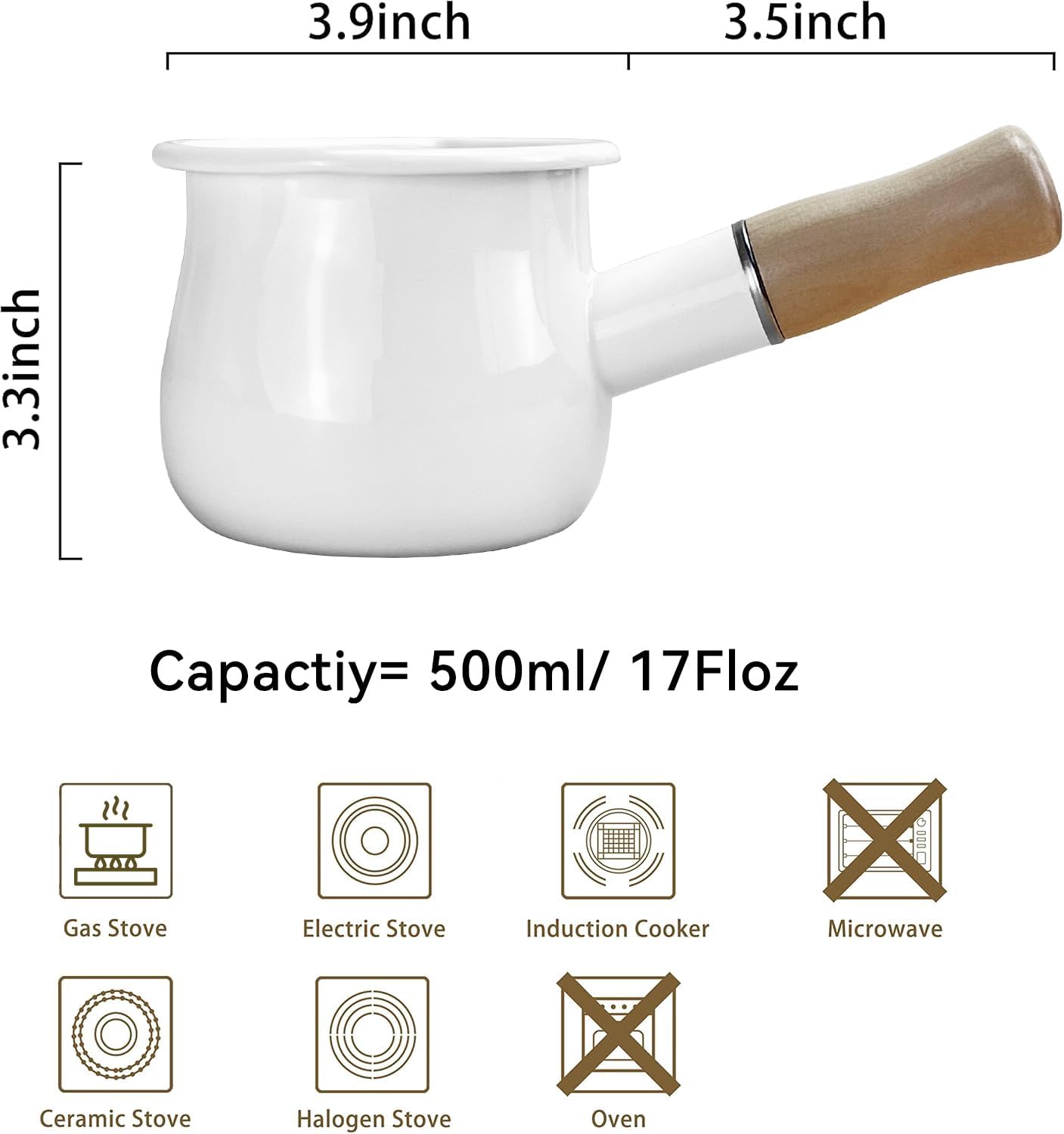 Enamel Milk Pot, Small Saucepan Milk Pot Butter Warmer 4 Inch 17 Oz Enamel Small Sauce Pan with Wooden Handle, Perfect Size for Heating Smaller Liquid Portions. (White）