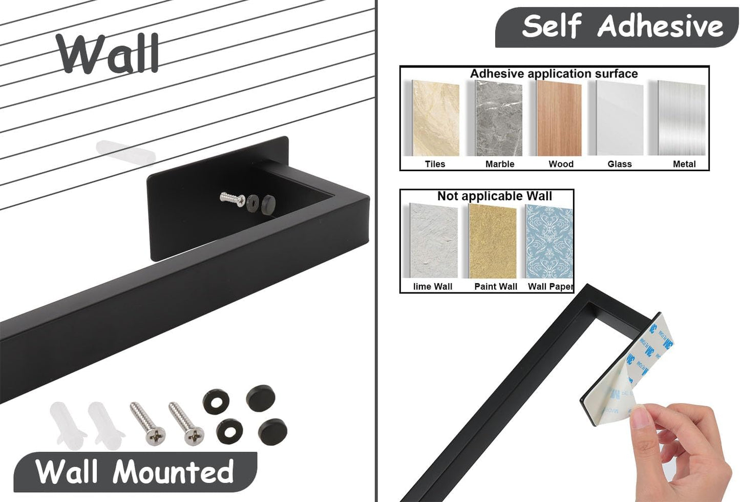 Bathroom Towel Bar Self Adhesive, No Drilling Towel Rack Easy to Install,Hand Towel Holder Made of Premium Stainless Steel Sticky on Hand Towel Hanger for Kitchen, Toilet(12IN, Black)