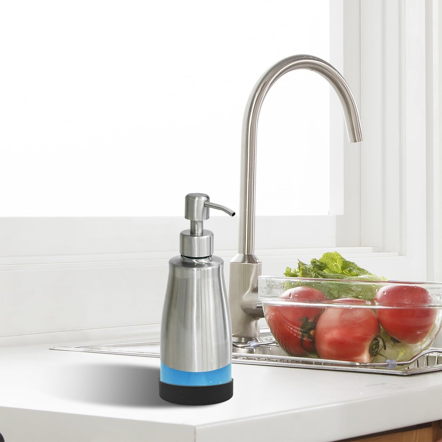 Soap Dispenser With Non-Slip Silicone Pad - 2 Pack, Stainless Steel Case Glass Liner Hand Pump for Kitchen and Bathroom