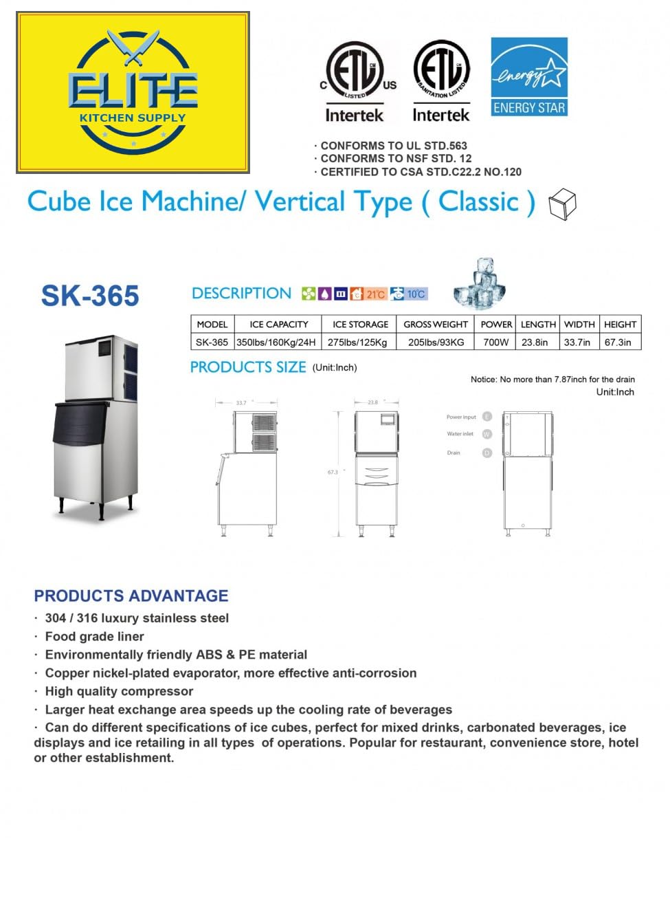 Commercial Ice Maker Machine, 350 lbs Daily Production, Air Cooled, Stainless Steel, 275 lbs Storage HD-130B