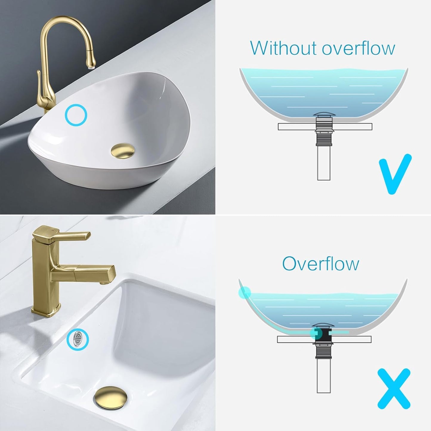 KAIYING Pop Up Drain, Bathroom Sink Drain Stopper, Vessel Sink Drain Assembly with Detachable Basket Stopper, Anti-Explosion and Anti-Clogging Drain Strainer (NO Overflow, Brushed Champagne Gold)
