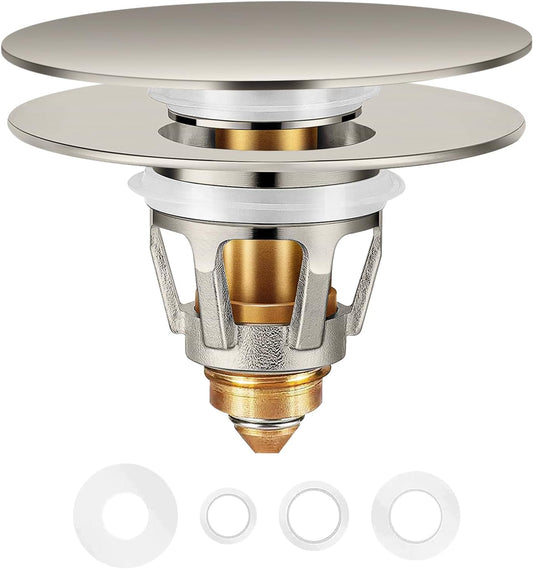 Universal Bathroom Sink Stopper in Brass, 1.04-1.97 Inch Pop Up Basin Sink Drain Stopper, Sink Drain Strainer with Anti Clogging Filter Hair Catcher, Large Lid Brushed Nickel