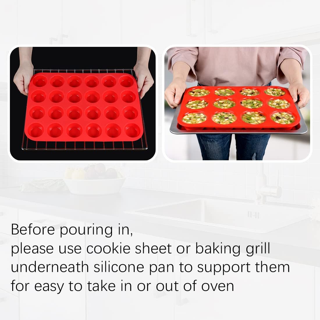 CAKETIME Silicone Muffin Pan, Mini Muffin Pan, Regular 12 Cups and Mini 24 Cups Cupcake Tin Set of 2 for Baking Egg Bites