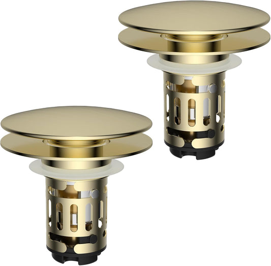 Hibbent 2 Pack Upgraded 3 in 1 Bathroom Sink Drain Strainer, Pop Up Sink Stopper with Big Cap, Anti-Clogging Metal Filter Basket,Sink Plug with Hair Catcher for 1.1''~2.36'' Basin, Brushed Gold