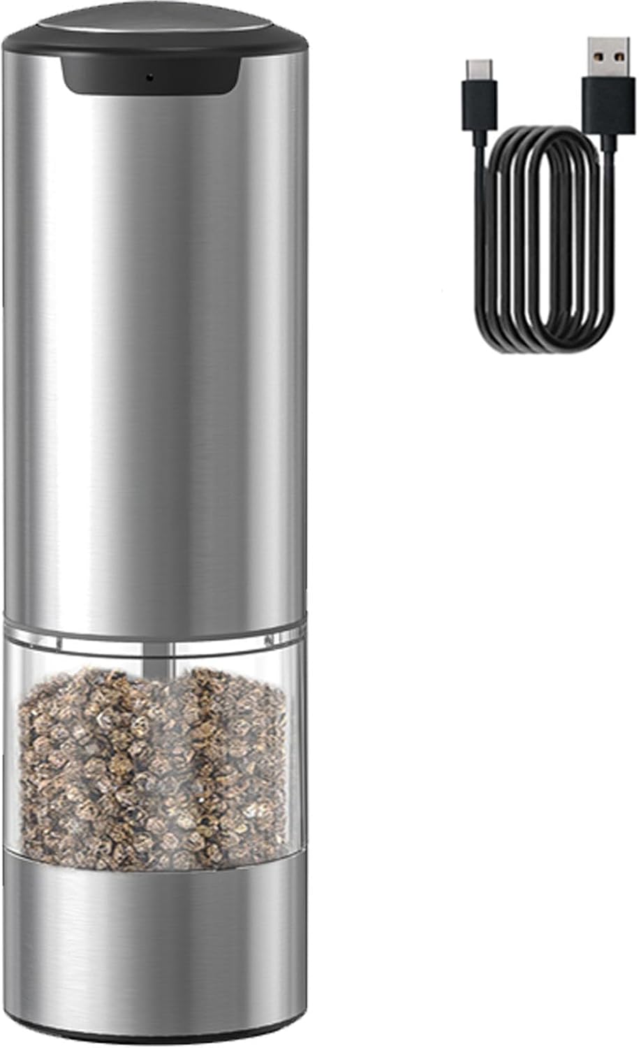 Electric Pepper Grinder, Rechargeable Automatic Pepper Mill Grinder with Led Light, One Hand Operation, Adjustable Coarseness, Stainless Steel, Refillable 70ml, Silver(1 Pack)