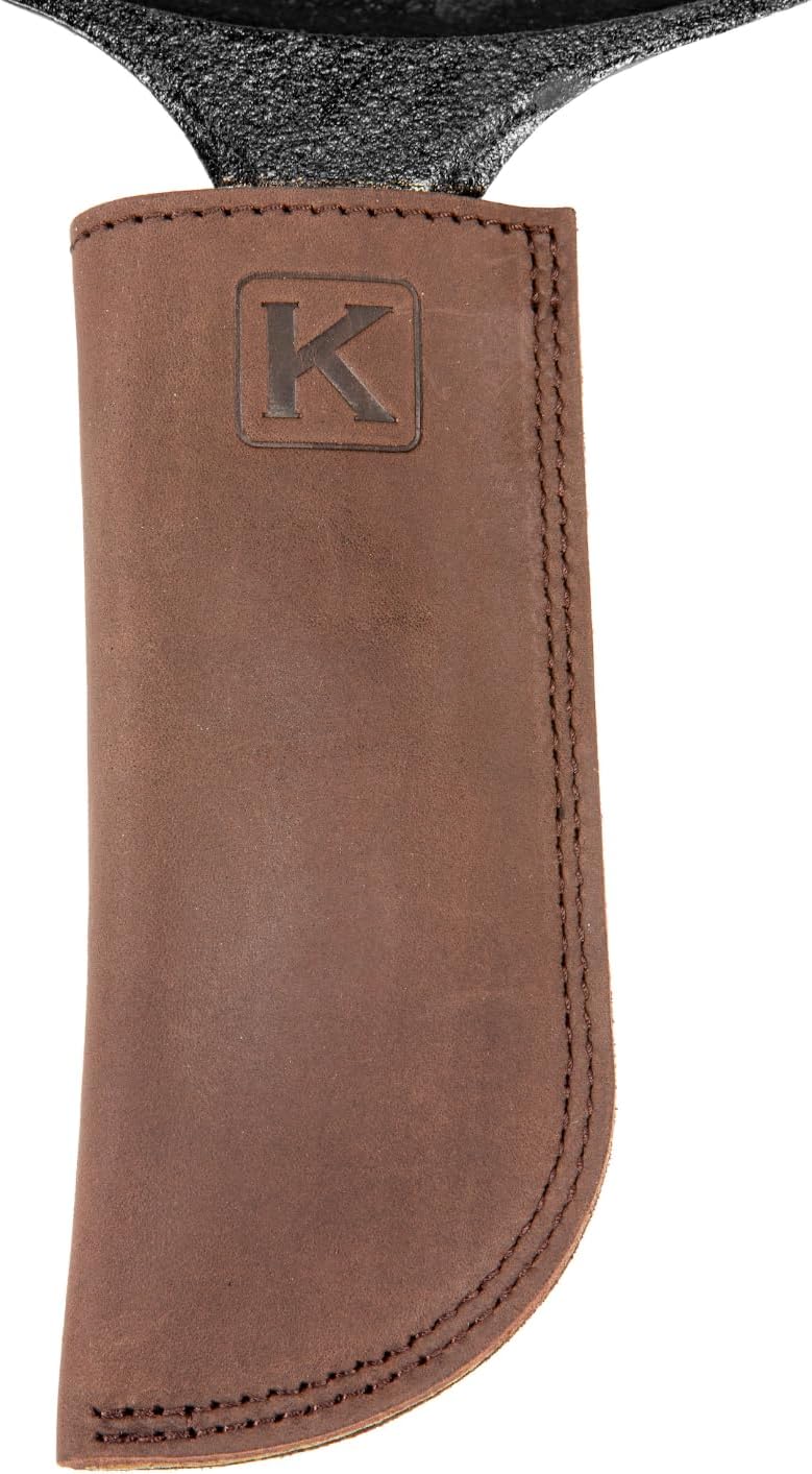Knapp Made Bourbon Brown 5.5” Extra Thick Leather cast Iron Skillet Handle Covers - Pot Handle Covers, Double Layered Double Stitched, Slides On and Off Easily onto Metal Skillet Grips.