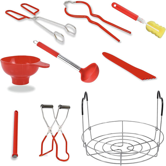 Canning Kit - Canning Supplies 9-Piece丨430 Stainless Steel Rack,Funnel,Jar Lifter,Jar Wrench,Lid Lifter,Tongs,Spoon,Cleaning Brush/Bubble Remover Tool.Suitable for all beginners and professionals.