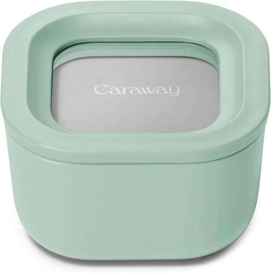 Caraway Mini Square Food Storage Container - 1.75 Cup Glass Storage Container for Food - Non-Toxic Ceramic-Coated Glass - Air Release Technology - Compact & Stackable Design - Mist