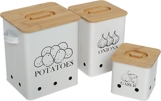 Kitchen Canisters Set, Storage Bin for Potato Onion & Garlic, 3 Pack Set Countertop Pots Containers with Wooden Lid - Potato Storage, Garlic Bin, Onion Keeper Tin with Aerating Holes-White