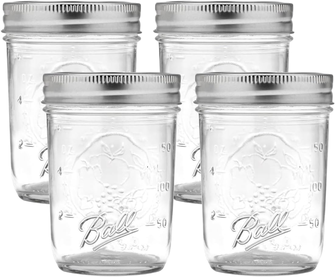 Ball Regular Mouth Glass Mason Jars with Lids and Bands, Used for Canning (Half Pint, 8 Ounce (Pack of 4))