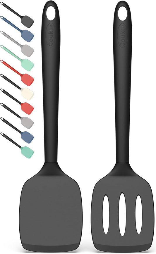 Coukre 2 Pack Silicone Spatula Set, High Heat Resistant, BPA Free Kitchen Spatula, Solid & Slotted Turner for Non-Stick Pans, Sautéing, and Flipping (2, PureBlack)