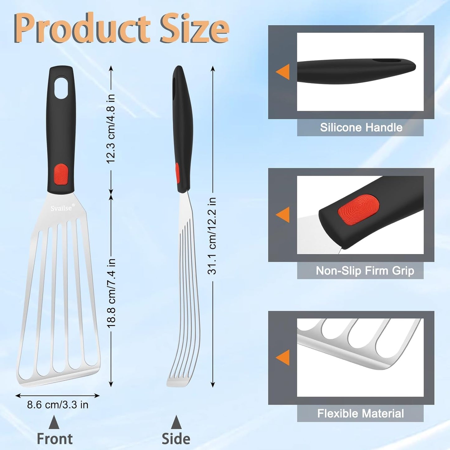 Fish Spatula Stainless Steel, Flexible Metal Spatulas with Silicone Handle, Slotted Turner for Kitchen, Cooking, Grilling, Flipping, Turning, Egg, Pancake and Burger (Large, 12.2 Inch)