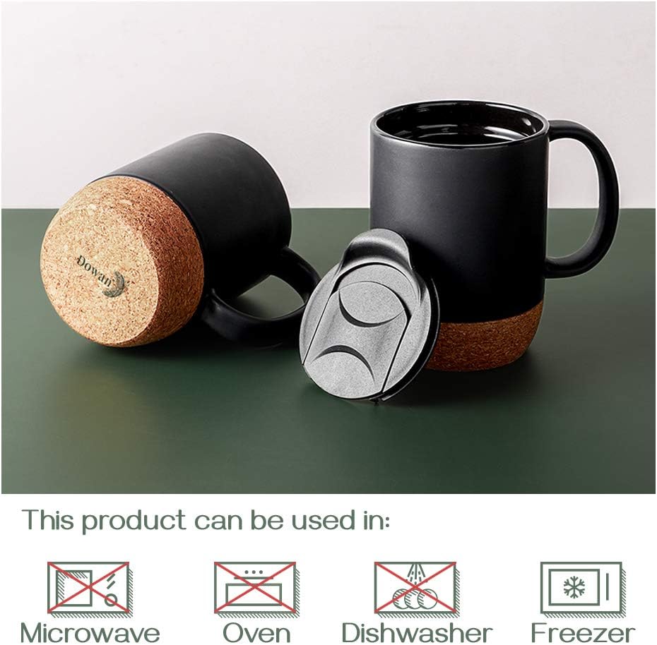 DOWAN Coffee Mugs Set of 2, 15 OZ Coffee Cup with Cork Bottom and Splash Proof Lid, Ceramic Mug Set with Large Handle for Men, Women, for Coffee Tea Latte, Matte Black