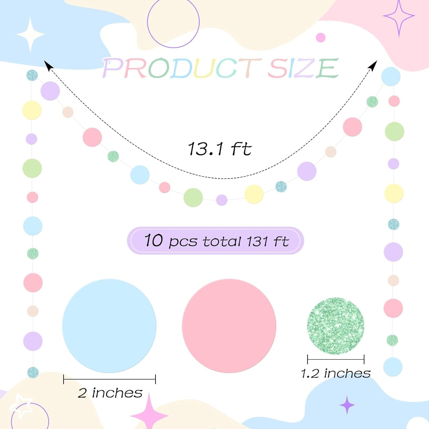Outus 10 Pieces Colorful Dots Paper Garland Round Glitter Garland Hanging Confetti Streamers Backdrop Decoration for Birthday Classroom Candy Sprinkles Trunk or Treat Party (Pastel)